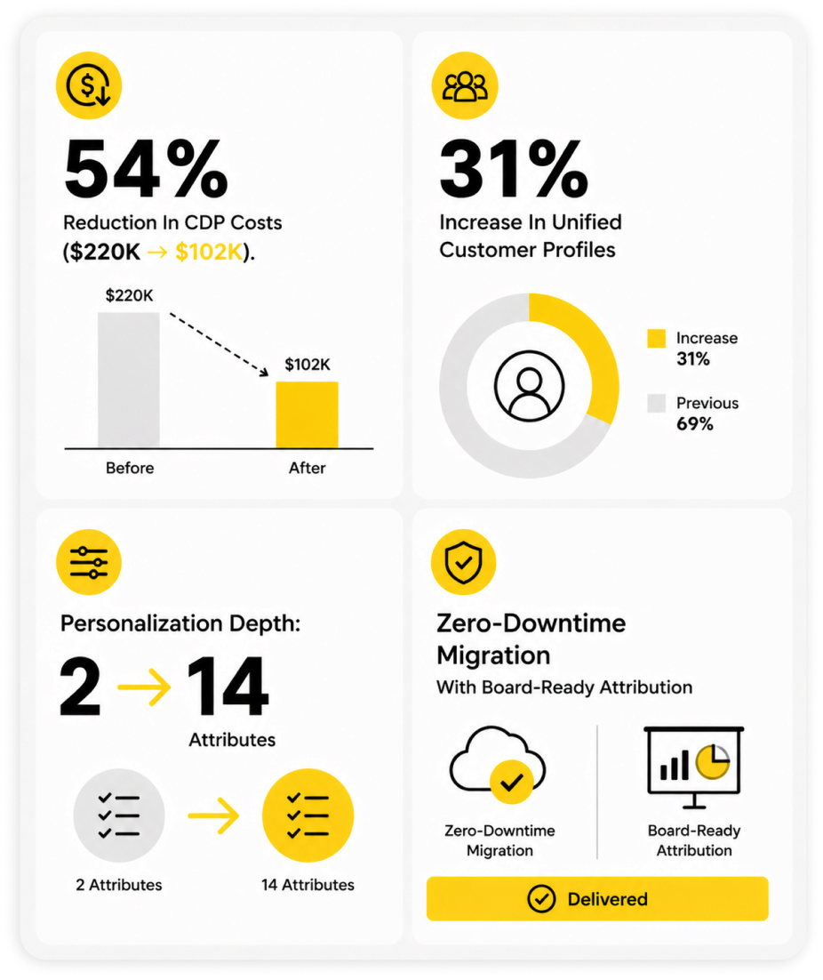 Case study 01: CDP cost reduction, unified profiles, personalization depth, zero-downtime migration metrics.