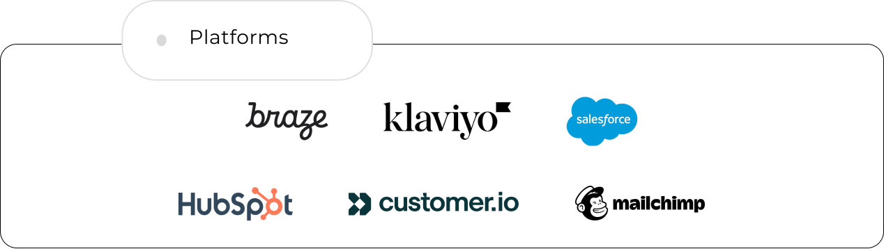 Platforms: Braze, Klaviyo, Salesforce, HubSpot, Customer.io, Mailchimp